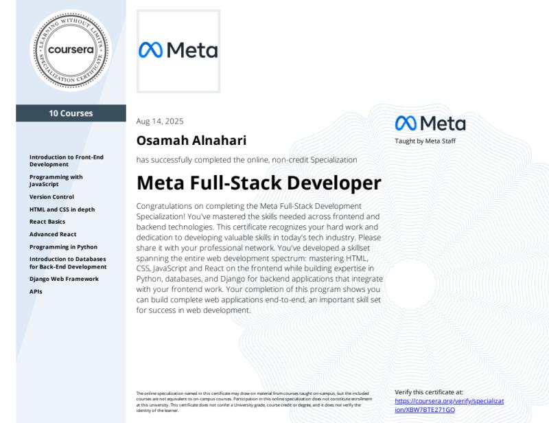 Meta Full-Stack Developer certificate